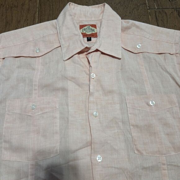 San Cristobal Classic Guayabera Peach Pink Medium Pleated Pockets - Picture 2 of 7